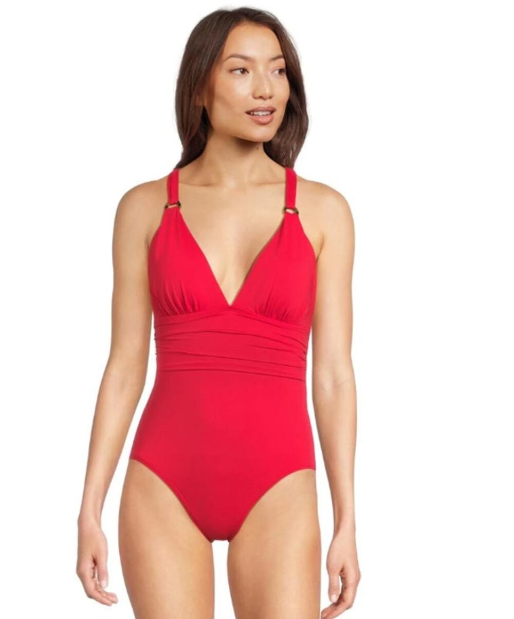 TOMMY BAHAMA V neck One Piece Swimsuit Size 10 Red Hibiscus Novelty Pearl NWT